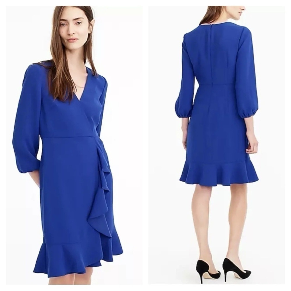 J. Crew Drapey Ruffle Front Dress, Long Sleeves, Faux Wrap, Ocean Blue size 0P